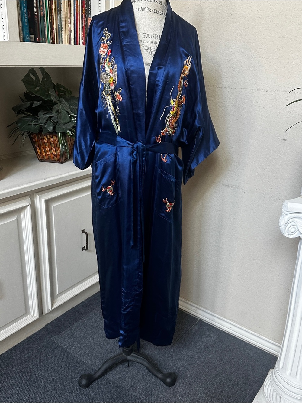 Embroidered Royal Blue Silk Robe - Picture 2 of 15